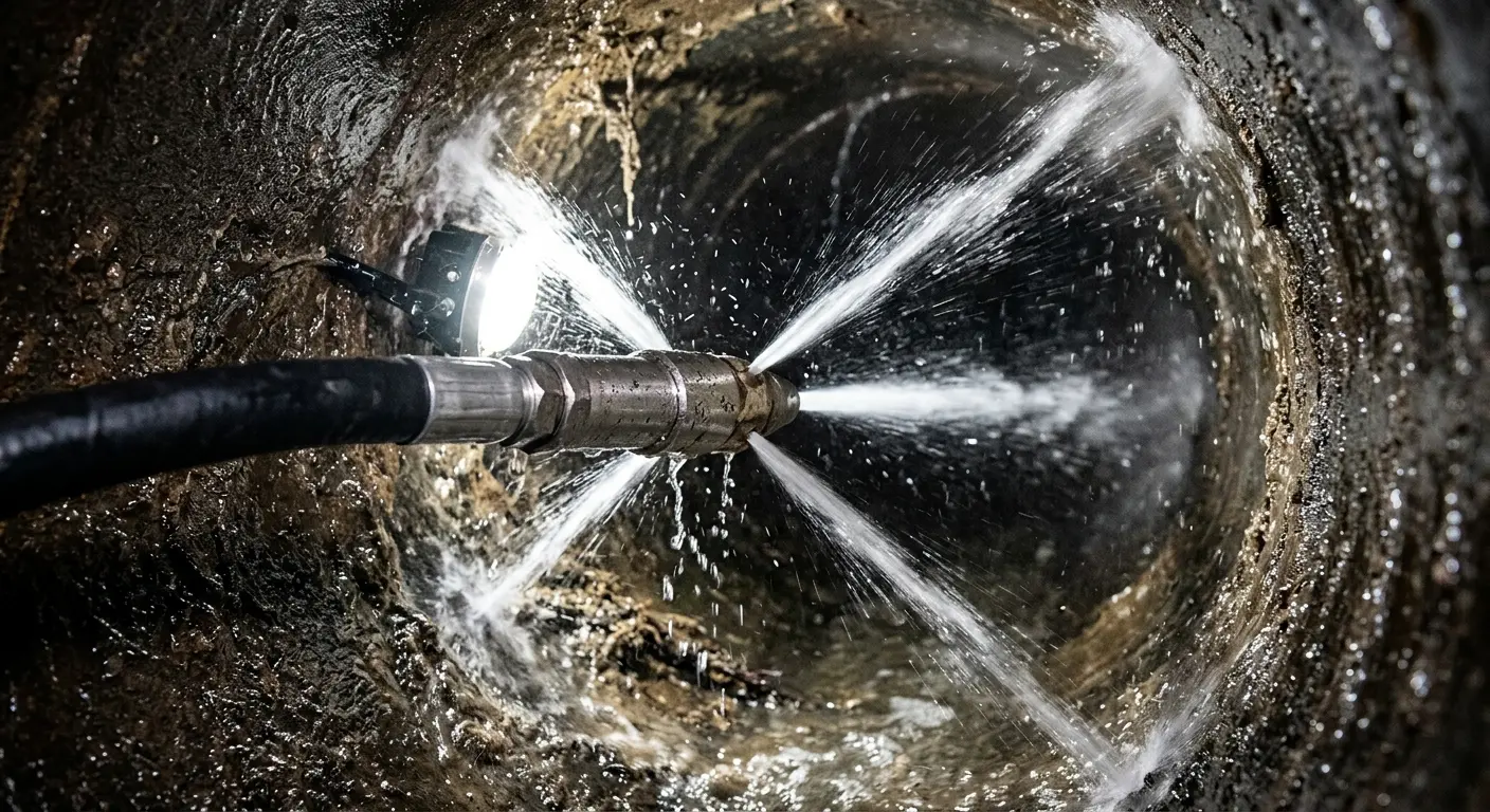 High-pressure hydro jetting nozzle cleaning sewer pipe for Emergency Drain Service in Blair