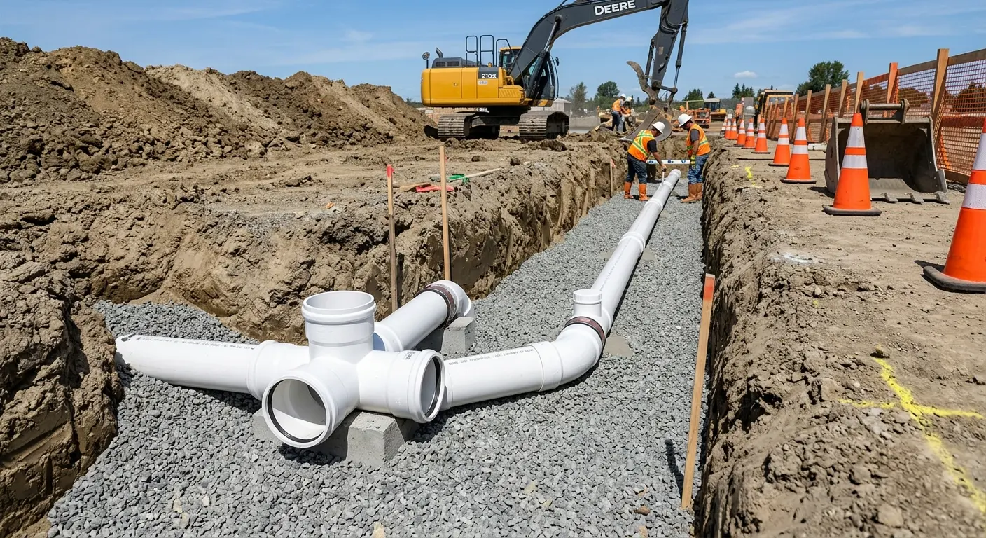 New PVC sewer pipe installation in open trench for Commercial Drain Cleaning in Blair