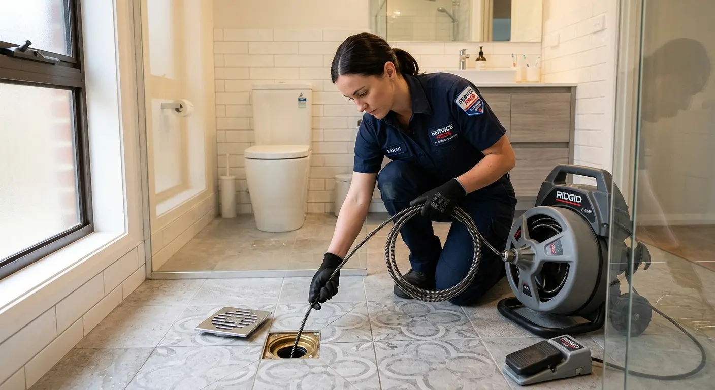 Technician clearing a bathroom floor drain for Sewer Line Replacement in Blair